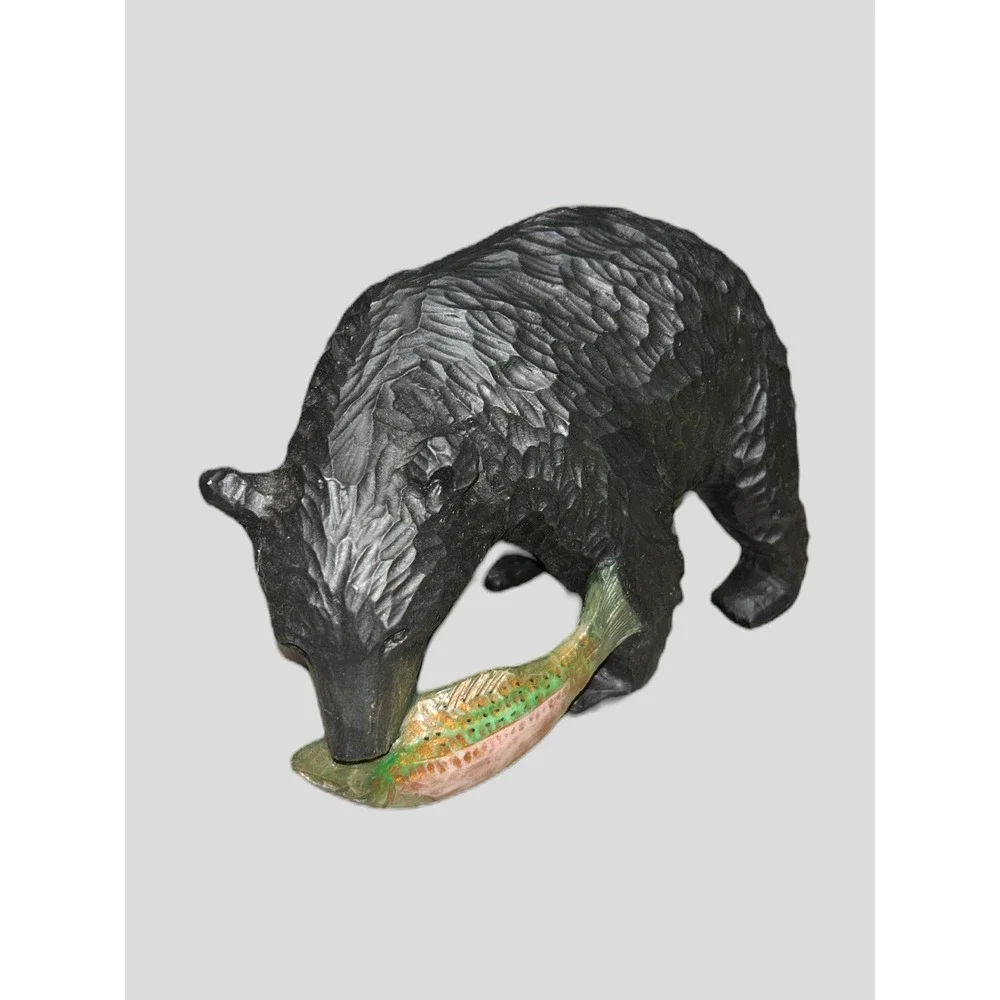 Wood Bear Figurine with Fish Collectible Sculpture  antique